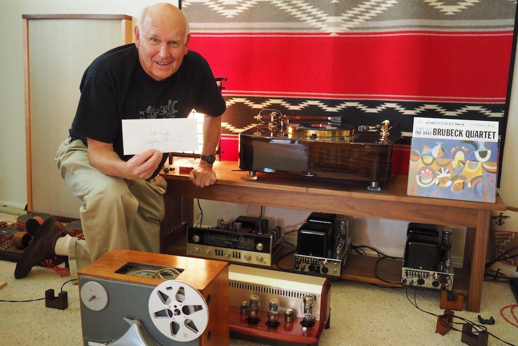 Pete Riggle at Jeff's Place with an envelope full of cash from me for the 12.5-inch Woody SPU Tonearm.